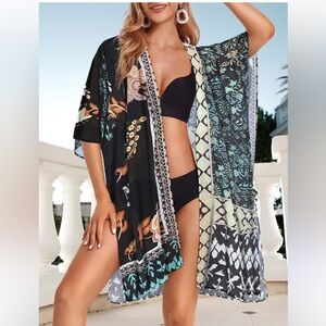 Women's Black and Blue Patterned Swim Cover-Up